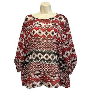 Chico's Red Southwestern Geometric Sheer 3/4 Roll Tab Sleeve Blouse Size‎ 3 XL